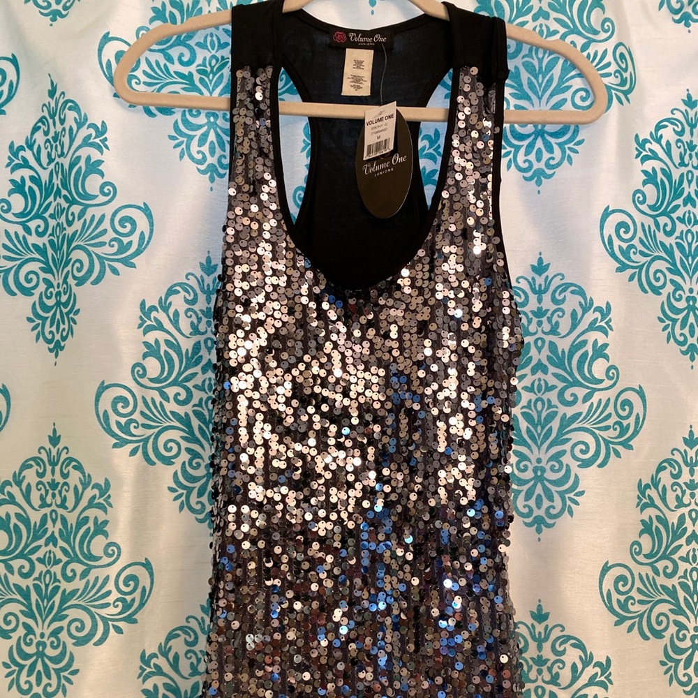 Volume One Juniors Onyx Sequin Bubble Tank